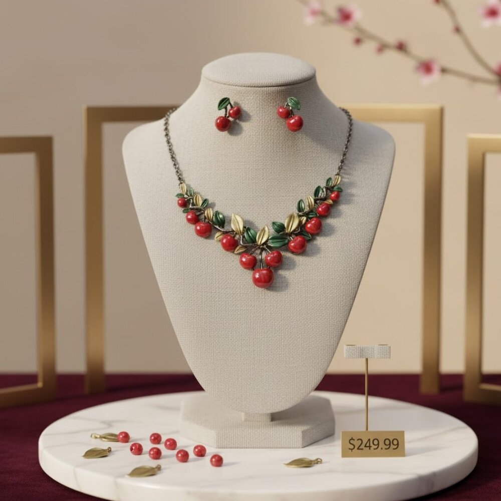 Vintage Retro Style Red Cherry Necklace & Earrings Set Cute Fruit Charm Chain